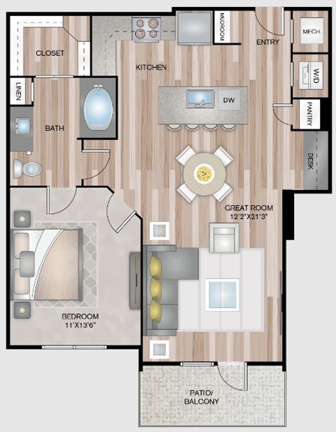 A floor plan of a home with a kitchen, dining room, living room, and bedrooms.